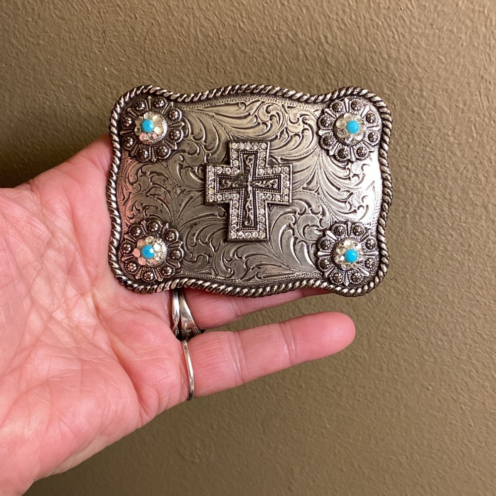 Silver Western Belt Buckle with Turquoise Accents